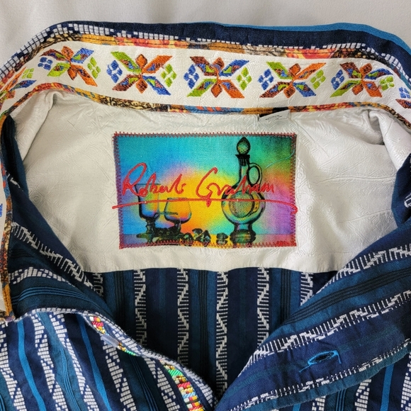 Robert Graham Flip Cuff Shirt Blue Striped Button Guitars Rock & Roll Mens Large - Picture 9 of 14